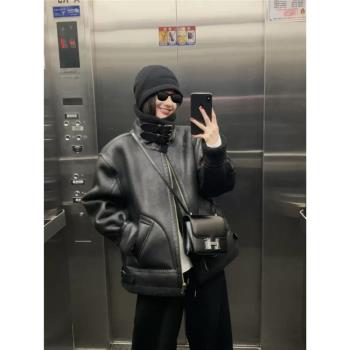 黑色麂皮絨羊羔毛外套女冬季2024新款加絨加厚皮毛一體機車服棉服