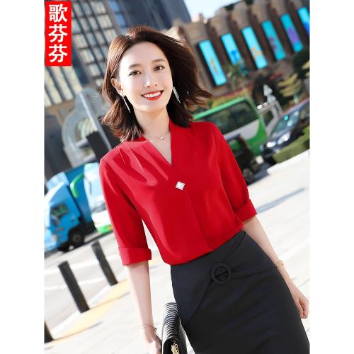 V領雪紡襯衫女短袖薄款春夏新款時尚洋氣氣質設計感紅色襯衣上衣