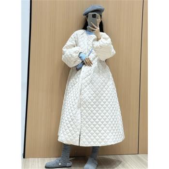 長款菱格紋女過膝大衣冬季復古新款棉衣外套韓國東大門羽絨棉服潮