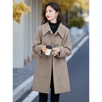 高階時尚雙面羊絨大衣女2024秋冬歐洲站新款牛角扣減齡中長款外套