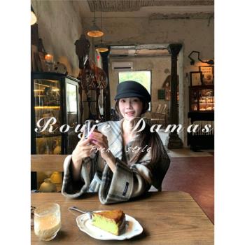 Rouje Damas法式鬥蓬毛呢外套女冬季海軍領格子設計收腰綁帶大衣