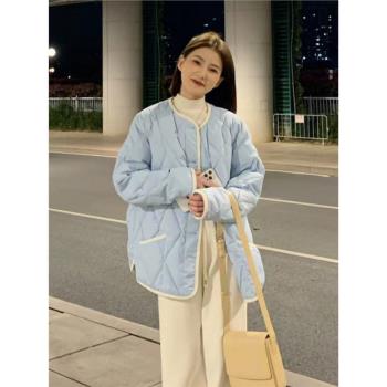 特大碼女裝時尚洋氣藍色菱格棉衣棉服女2025秋款新胖mm保暖外套女