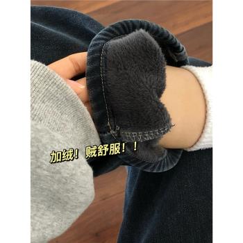 加絨加厚復古藍直筒牛仔褲女秋冬季胖mm煙管褲高腰寬松顯瘦闊腿褲