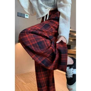 紅色格子休閑褲女秋冬季寬松胖MM大碼高腰顯瘦直筒加絨加厚闊腿褲