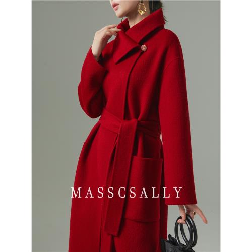高級感紅色雙面羊絨大衣女2024冬季新款系帶顯瘦中長款羊毛呢外套