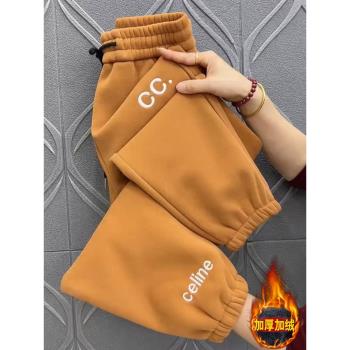 冬季加絨加厚九分運動休閑褲女高腰刺繡束腳百搭顯瘦保暖哈倫褲