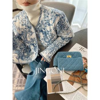 JINGONI水墨畫薄款棉衣棉服女2024年新款冬季外套寬松新中式復古