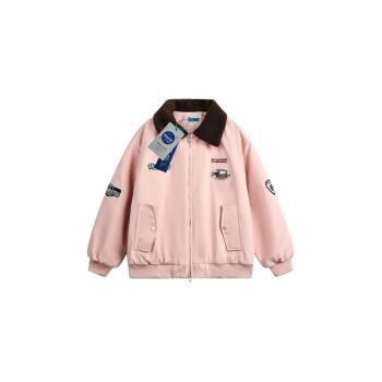 美式學院風翻領撞色羊羔絨棉服外套女冬季保暖棒球服夾克情侶棉衣