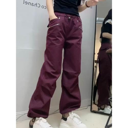 2025春新款美式彎刀褲女安哥拉紅高腰直桶抽繩休閑顯瘦百搭拖地褲