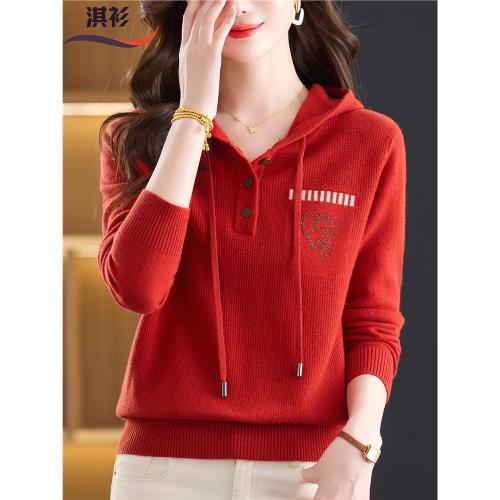 秋冬連帽衛衣100純羊毛衫女新款洋氣媽媽短款帶帽毛衣針織打底衫