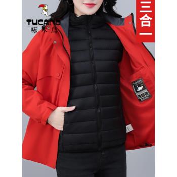啄木鳥三合一羽絨服沖鋒衣女2024新款防風防水可拆卸內膽秋冬外套