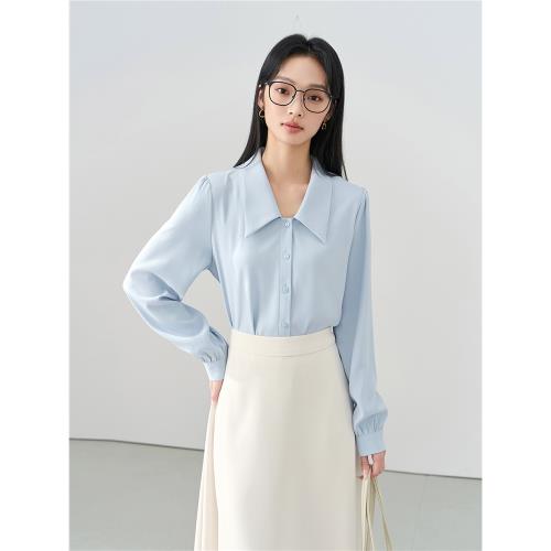 伯德小姐藍色v領面試襯衫女士秋季長袖上衣職業正裝內搭雪紡襯衣