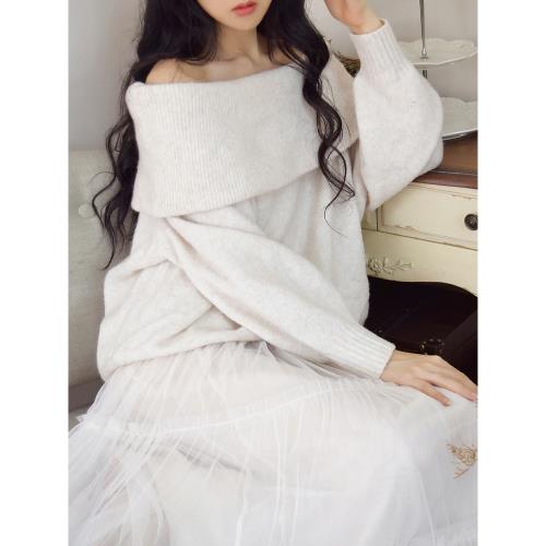 毛衣一字領露肩大領翻領套頭寬松慵懶港風復古文藝秋冬厚款米白女