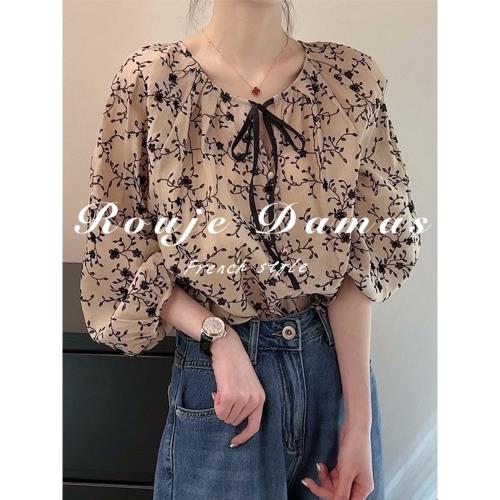 Rouje Damas夏季法式文藝復古優雅氣質絕美碎花系帶燈籠袖襯衫女