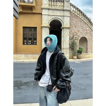 TRYTYPE22美式街頭bomber重磅假兩件連帽加厚棉服男女pu皮外套潮