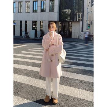 清倉特價牛角扣呢子大衣女中長款學院風連帽學生甜美羊絨毛呢外套
