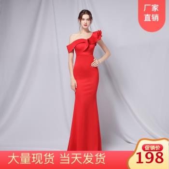 一字肩顯瘦性感魚尾連衣裙單斜肩夜店酒吧KTV模特走秀演出晚禮服