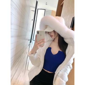 可拆卸真狐貍毛領連帽收腰羽絨服女2024冬季新款90白鴨絨短款外套