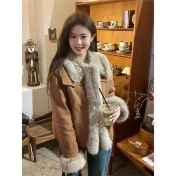 美拉德復古毛領牛仔外套女冬季高階感皮毛一體夾棉加厚超好看棉服