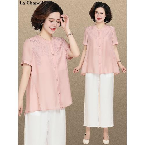 洋氣媽媽夏裝休閑雪紡兩件套短袖T恤中老年女氣質闊腿褲大碼套裝