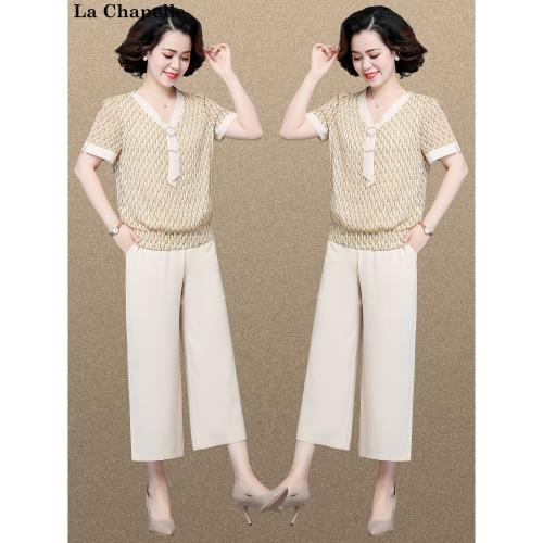 年輕媽媽夏裝雪紡套裝中老年時尚洋氣兩件套中年婦女氣質短袖T恤