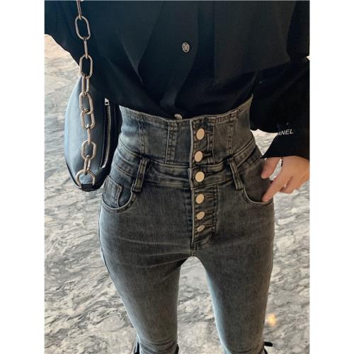 高腰彈力牛仔褲緊身加絨靴褲九分鉛筆褲子2024年新款小腳褲女秋冬