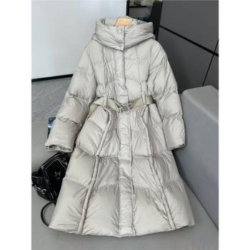 歐貨超大充絨量白鴨絨過膝長款羽絨服系腰帶修身氣質加厚鵝絨服女