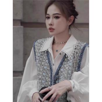 春秋冬季2025新款女裝時尚套裝小香風白色襯衫疊穿馬甲氣質兩件套
