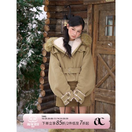 AXIA 美拉德連帽棉服大毛領短款外套女冬季加厚毛絨收腰百搭上衣
