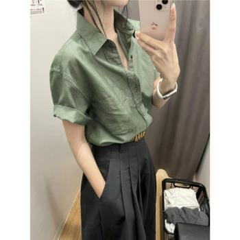 軍綠色棉麻工裝襯衫外套女士夏季2023新款polo領上衣高階亞麻襯衣