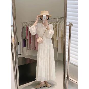 高階感長袖白色雪紡連衣裙女裝春秋季2023年新款法式禮服長裙夏天