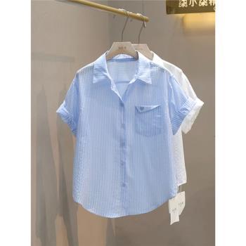 夏季短袖條紋白色雪紡襯衫職業女夏裝2023新款小個子上衣通勤襯衣