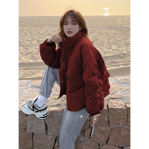Lecea Alice酒紅色短款羽絨服2025冬季新款韓版寬松立領面包服女