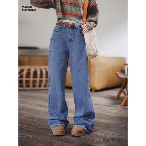 馬登丹寧毛邊闊腿牛仔褲寬松直筒拖地梨形身材顯瘦長褲子女士秋冬