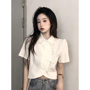 新中式國風短款黑色襯衫女裝2023夏季新款盤扣短袖上衣泡泡袖襯衣