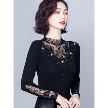 加絨加厚打底衫女秋冬2025新款洋氣百搭內搭t恤蕾絲網紗保暖上衣