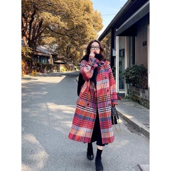 Lecea Alice格子毛呢外套女中長款2024冬季新款寬松保暖羊絨大衣