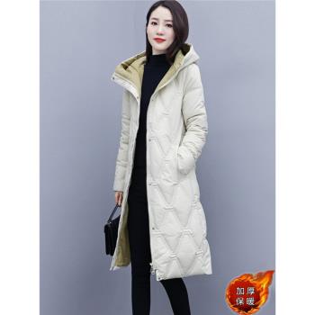 羽絨棉衣女秋冬季2025年新爆款時尚加絨加厚菱格中長棉襖棉服外套