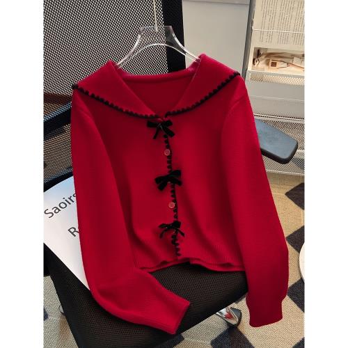 紅色毛衣女冬2025學院風海軍領蝴蝶結減齡新年戰袍衣服針織衫上衣