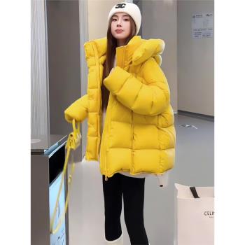 韓版白鴨絨黃色連帽保暖羽絨服女冬季新款小個子超好看中長款外套