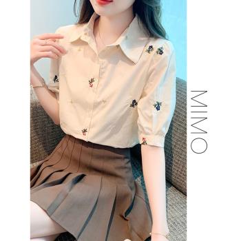 夏季小個子高階刺繡短袖襯衫女士2023新款衣輕熟法式小眾上衣襯衣