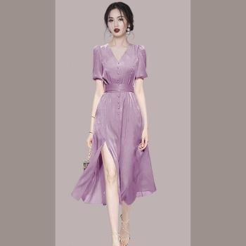 氣質女裝2025年新款夏季時尚法式高階感高腰純色通勤短袖連衣裙女