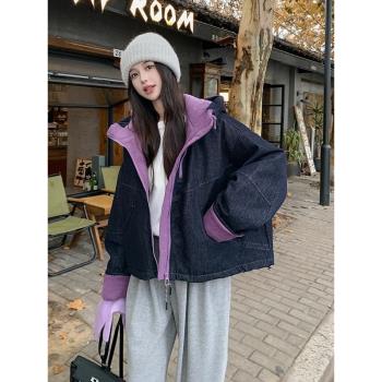 獨特設計感休閑撞色拼接牛仔羽絨服女2024冬新款寬松連帽白鴨絨服