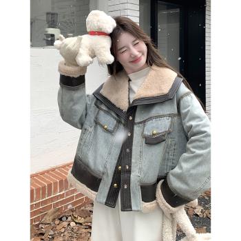 牛仔羽絨服女2024年冬季高階感pu皮羊羔毛拼接內膽羽絨加厚短外套