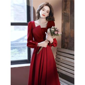 2025年春季新款敬酒服新娘女紅色訂婚連衣裙平時可穿純色小晚禮服