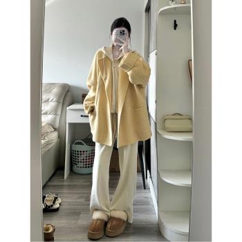 設計感腰帶黃色短款毛呢外套女秋冬季寬松小個子羊毛雙面呢子大衣