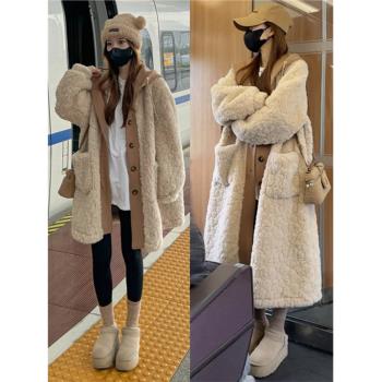 美拉德假兩件中長款羊羔絨外套女秋冬季皮毛一體加厚保暖毛絨大衣