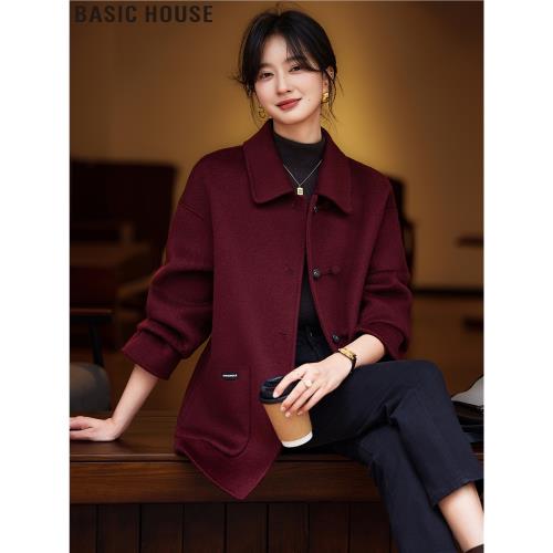 Basic House/百家好新中式盤扣安可拉紅羊毛雙面呢子大衣外套女冬