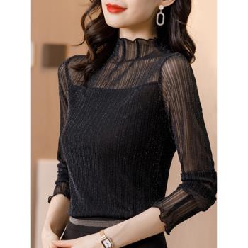 半高領蕾絲打底衫女士裝春秋冬季2025年新款洋氣小衫黑色內搭上衣