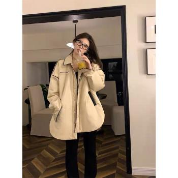 卡其色翻領中長款棉服外套女冬新款今年流行加厚夾克棉襖寬松大衣
